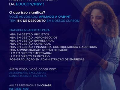 Foto da Notícia: ESA-MT e Educon/FGV oferecem desconto para advocacia interessada em cursos que começam em agosto